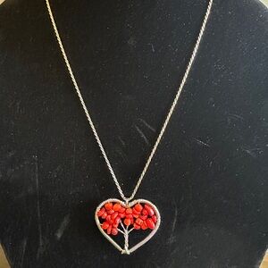 925 Italy Silver Rope Chain Necklace with Red Corral Tree of Life Pendant 24”